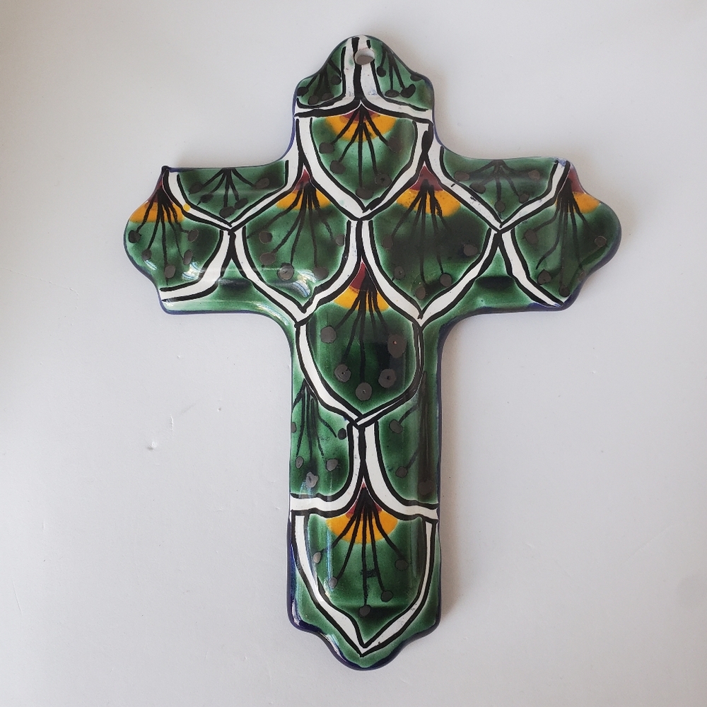 Talavera Hand Painted Mexican Cross Terra Cotta Ceramic Wall Plaque
